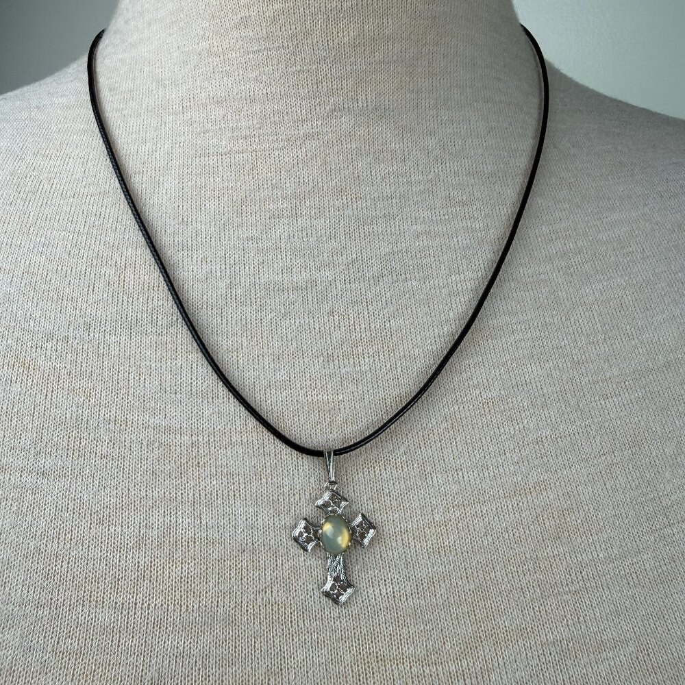 Silver Tone Cross Pendant w/ Glass Cab Black Cord 21-22.5"